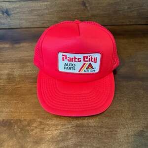 Vintage Parts City Auto Parts Red Mesh Snapback Trucker Hat